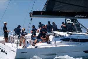 a group of corporate workers are sailing as their team building activity